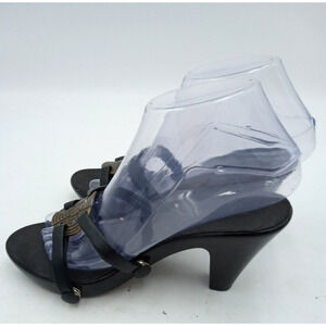 OANESOLE SANDALS SIZE 7 BLACK OPEN TOE HEEL w/ MEDALLION 3.5" HEEL
